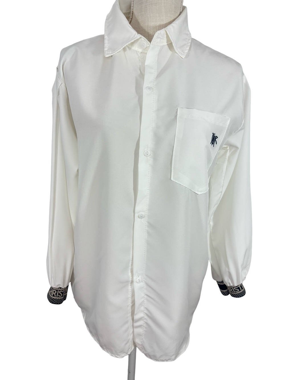 Rare Christian Dior Designer White Blouse Embroidered Branded Cuff L/S Sz L